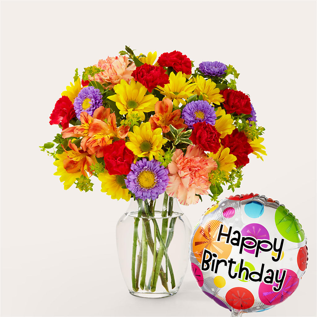 Kaleidoscope Bouquet with Birthday Balloon – Oak Creek Florist, Concord CA