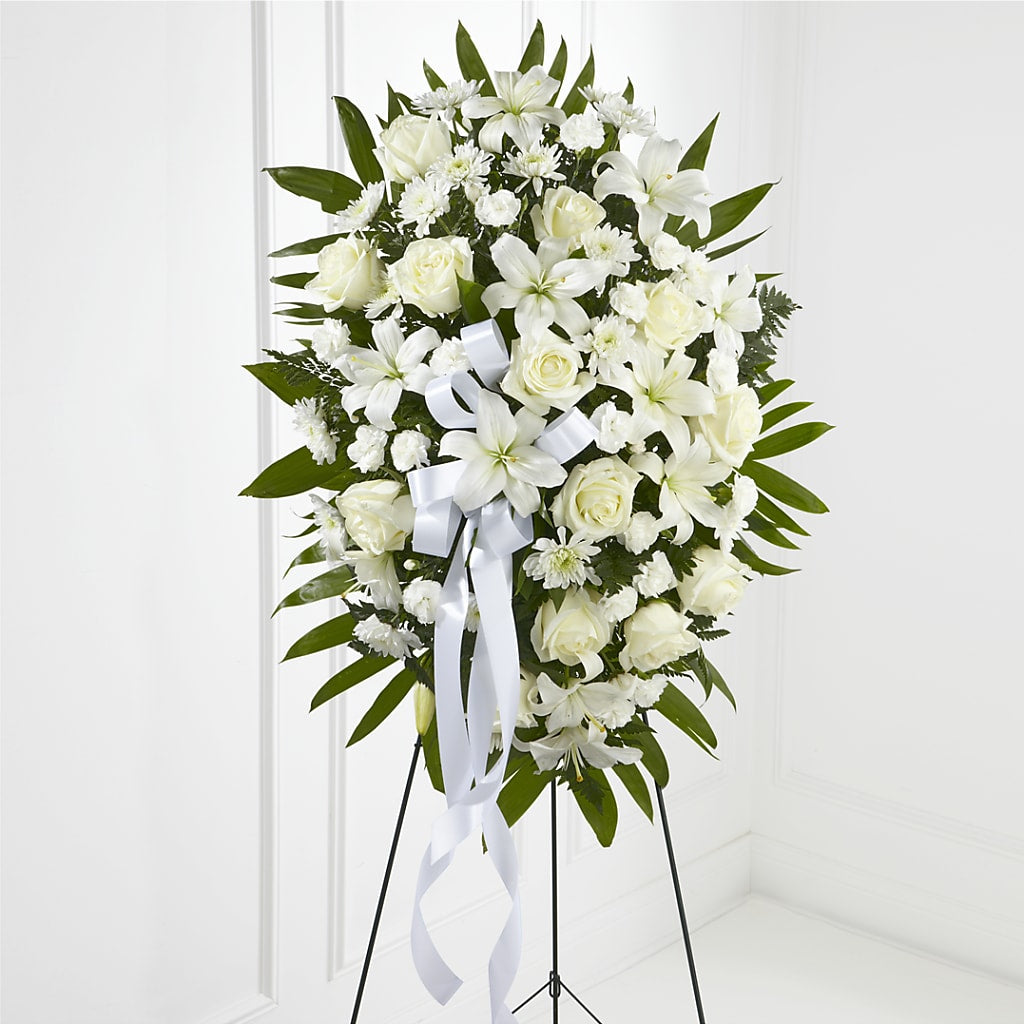 Exquisite Tribute Standing Spray-White Ribbon – Oak Creek Florist, Concord CA